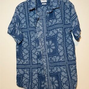Haiku Collective Mens Blue Paisley Print Short Sleeve Button Up Shirt Size L